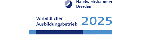 Das Logo der Handwerkskammer Dresden mit dem Titel 'Vorbildlicher Ausbildungsbetrieb 2025' in blauen Schriftzügen.