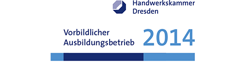 Das Logo der Handwerkskammer Dresden mit dem Text 'Vorbildlicher Ausbildungsbetrieb 2014' in blauen Schriftzügen.