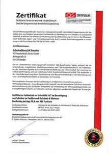 Zertifikat für Schadensdienstleistungen in Dresden Zertifikat für SchadenDienst24 in Dresden, das die Qualitätssicherung im Bereich Gebäudeschäden bescheinigt.